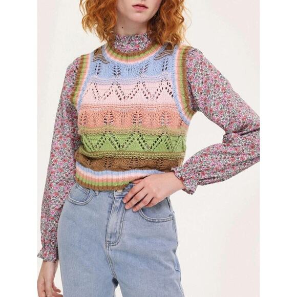 Zara Striped Round Neck Crochet Knit Cropped Sweater Vest Multi Women's Size S - Picture 2 of 9